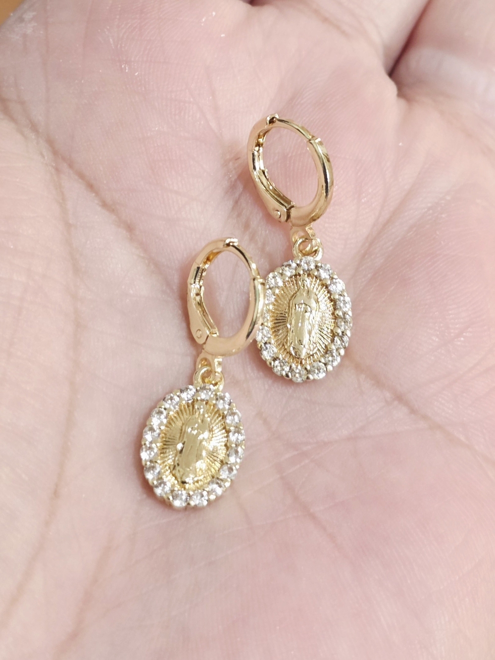 14k Gold Plated Virgin Mary Drop Huggie Earrings with Clear Stones